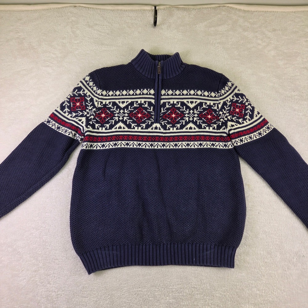 IZOD Mens Navy Blue Fair Isle Quarter Zip Waffle Knit Sweater Medium